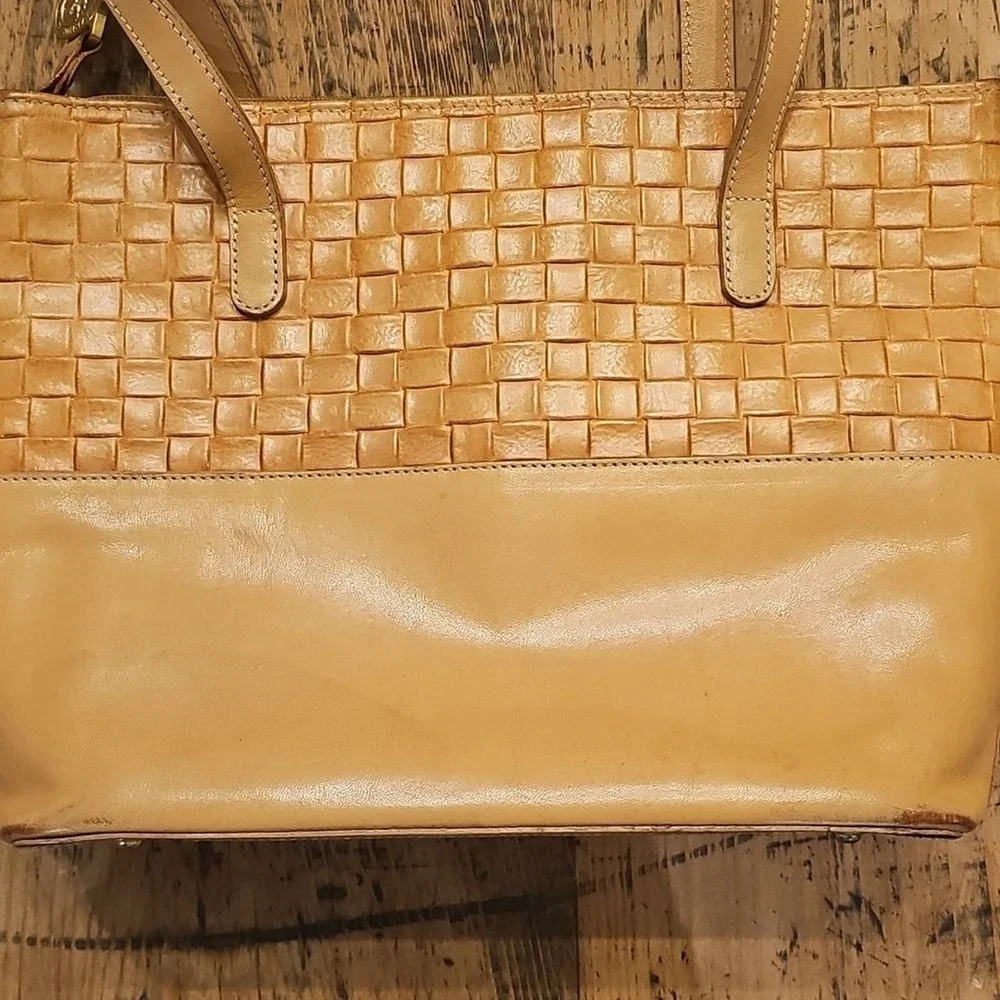 BRAHMIN Woven‎ Leather Tote Tan Satchel Purse Classic American Heritage